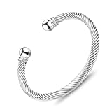 BOLAGTIER Stainless Steel Twisted Cable Wire Bracelets with Hook Clasp Stylish Roman Digital Bangle Bracelet for Women Girls (C-Silver)