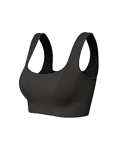 Ododos Seamless Square Neck Sports Bra For Women Ribbed Crop Tank Casual Low Back Cropped Tops, Onyx Black, Medium/Large #TOP8
