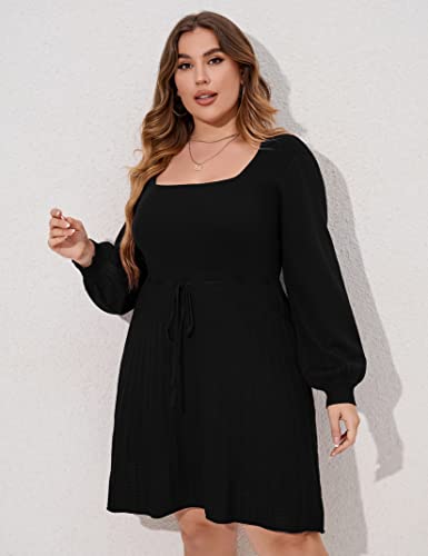 Image of Women's Plus Size Casual Sweater Dress Square Neck Long Lantern Sleeve Tie Waist Loose Pullover Sweater Dresses