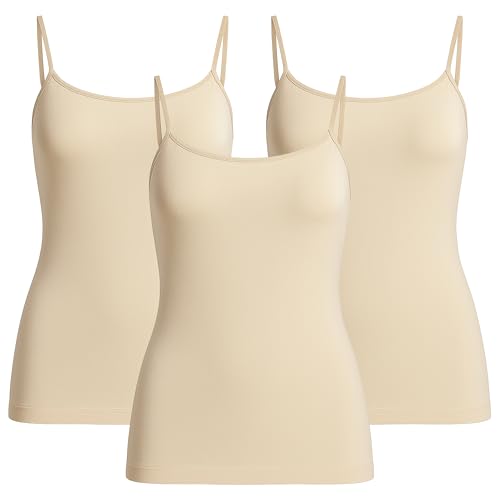 UnsichtBra Pack de 3 Camisetas Interior Mujer Tirantes Finos | Top Ajustado y Moldeador Ligero | Camiseta Shapewear Sin Costuras – Negro, Blanco, Beige (3 x Beige, M-L)