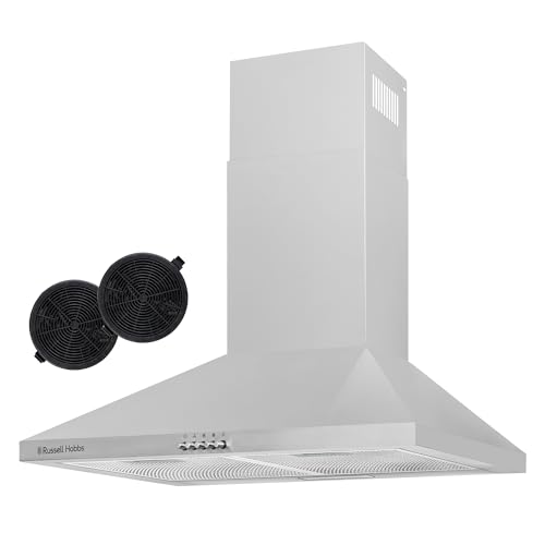 Image of Russell Hobbs 60cm Chimney Cooker Hood in Stainless Steel with 3 Speed Settings, 2x Carbon Filters, Extraction or Recirculation, 400 m³/h Extraction Rate, LED Lights, A++ Energy Rating, RH60SCH03A1SS