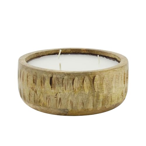 Mango Wood Ribbed Large 3-Wick Candle | White Scented Candle with Sandalwood & Bergamot Fragrance | Rustic Candle Holder - 17cm