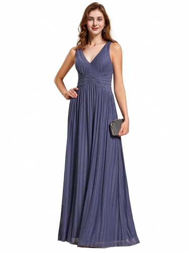 Image of Ever-Pretty Women's Glitter Sleeveless V Neck Pleated Waist A-Line Evening Gowns Dusty Navy US8
