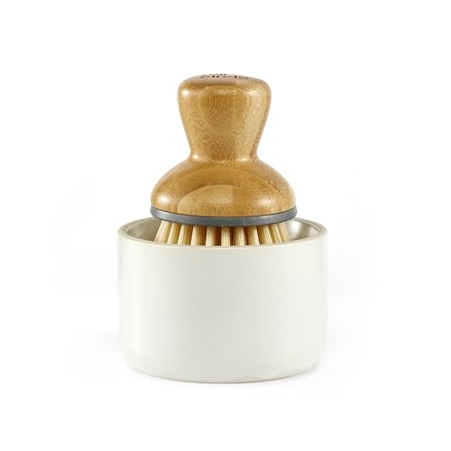 Full Circle Bubbly Palm Brush & Ceramic Soap Dispenser Family Safe Formaldehyde-Free Kitchen Scrub Brush for Dishes Nonstick & Cast Iron White