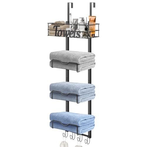 HarJue Over The Door Towel Racks, No Drill Towel Storage with Basket & Hooks, Space-Saving Multi-Functional Towel Holder for Bathrooms, bedrooms, Apartments, RVs (Matte Black)