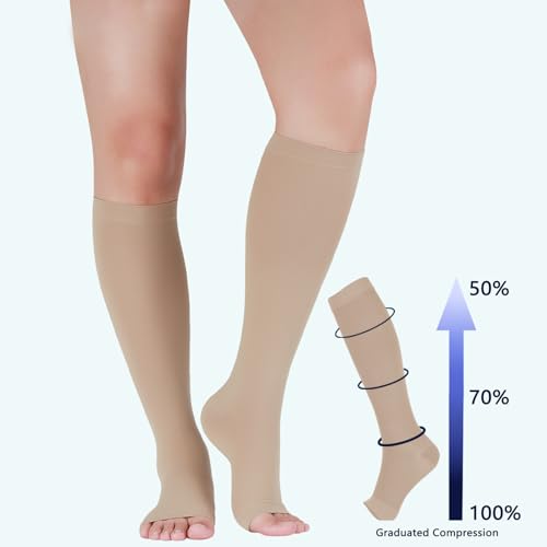 Image of LIN PERFORMANCE 20-30 mmHg Compression Socks for Women Men Knee High Open Toe Leg Support Stockings for Daily Comfort Travel (Nude,L)