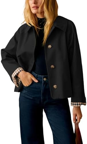 Dqbeng Womens Short Trench Jacket Plaid Lining Button Front Light...
