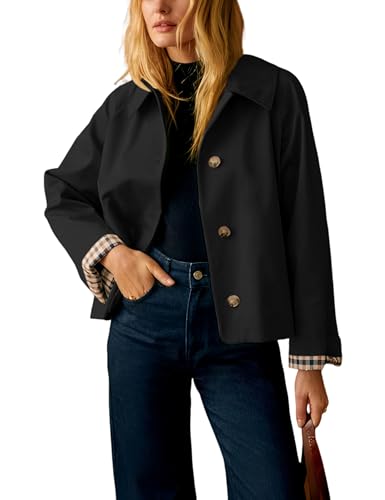 Dqbeng Womens Cropped Trench Coat Classic Collar Oversized Casual Jackets with Checkered Lining (Black-L)