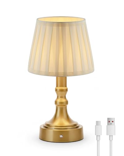 ACMHNC Rechargeable Table Lamp, LED Cordless Table Lamp, Retro Battery Table Light for Bedroom Bedside Restaurant, 4000 mAh,Touch Dimmable, Fabric Shade, Warm White, Gold