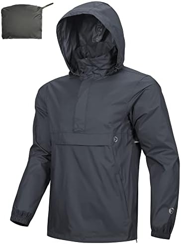 Outdoor Ventures Herren Regenjacke Packbarer Wasserdichter Regenpullover | Reflektierende Streifen, Versteckte Kapuze, Seitlicher Reißverschluss, 3 Taschen, Leicht, Winddicht, Atmu