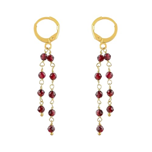 CRYSTALINES Natural Mozambique Garnet Gemstone Cluster Earrings, Handmade Bohemian Dangling Jewelry, 14K Gold Plated Rosary Chain Hoops, Healing Crystals, Birthstone Christmas Gift for Women