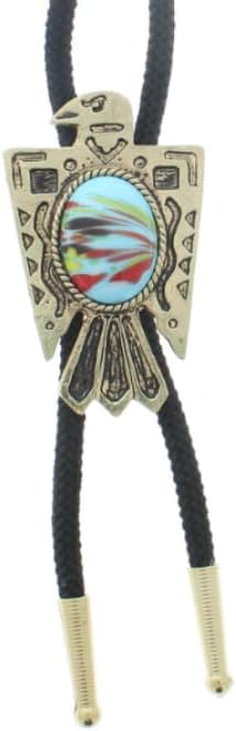 Thunderbird Bolo Tie - Vintage Lamp Work Stones - Brass Western Bolo Tie for Men - Blue Painted Stone Nylon Fabric Bolo Tie