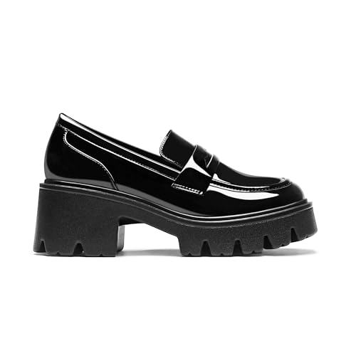 Image of Black Penny Loafers for Women - Women's Slip-On Platform Patent Leather Loafers, Chunky Comfort Shoes for Work & Dressy Occasions