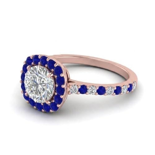 Image of Choose Your Gemstone Round Diamond CZ Square Halo Ring Rose Gold Plated Round Shape Petite Engagement Rings Matching Jewelry Wedding Jewelry Easy to Wear Gifts US Size 4 to 12