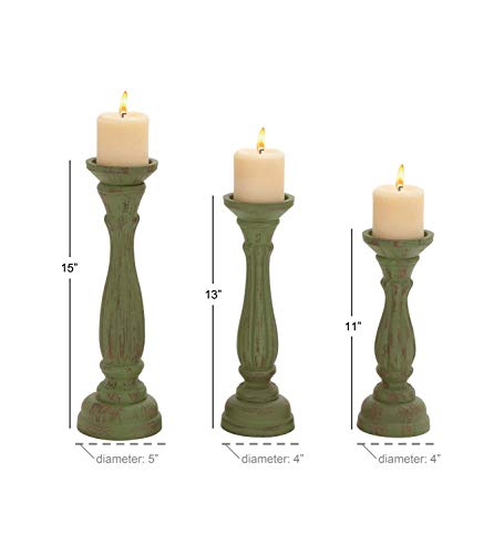 Deco 79 Wooden Decorative Candle Holder Distressed Turned Pillar Candle Stand, Set of 3 Candlestick Holder 15", 13", 11"H, Green by Deco 79 - Image 2