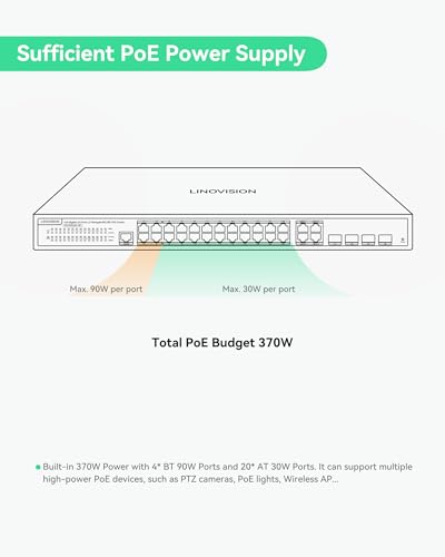 Image of LINOVISION 24 Ports L2 Managed PoE Switch, Full Gigabit PoE++ Switch, Built-in 370W Power with 4* BT 90W & 20* AT 30W Ports, Sufficient for All IEEE 802.3 af /at /bt Devices, Supports QoS, VLAN, IGMP...