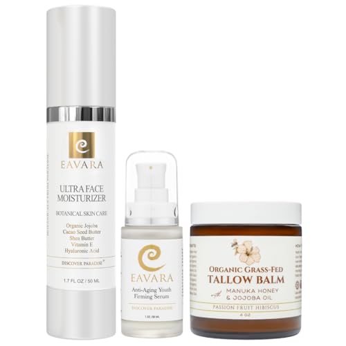Eavara Face Moisturizer, Serum, and Tallow Balm Set – Organic Skincare Trio with Grass-Fed Tallow, Collagen Peptides, Hyaluronic Acid, and Vitamin C – Hydrates, Firms, and Restores Radiance – 3pc Set