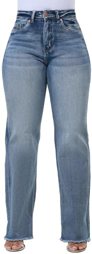 HugeNice Women's Wide Leg Jeans Casual Mid Rise Stretchy Straight Leg Denim Pants