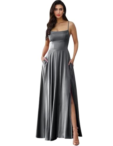 Bekvamlighet Square Neck Satin Bridesmaid Dresses Long Women's Prom Dress with Slit Spaghetti Strap Formal Party Gown