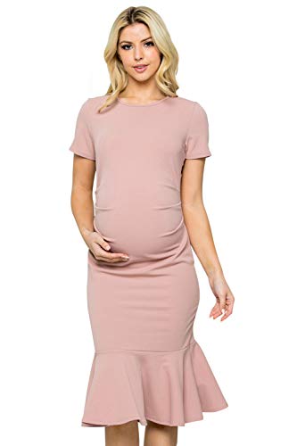 My Bump Maternity Midi Dress - Fitted Stretch Short Sleeves Mermaid Flare Ruffle, Mauve Npab, M