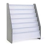 Humble Crew Kids Bookshelf 6-Tier Book Rack Organizer, Extra Large Toddler Bookcase with Fabric Storage Pockets, Front-Facing Display for Children’s Books, Grey/White, Nursery & Playroom Storage