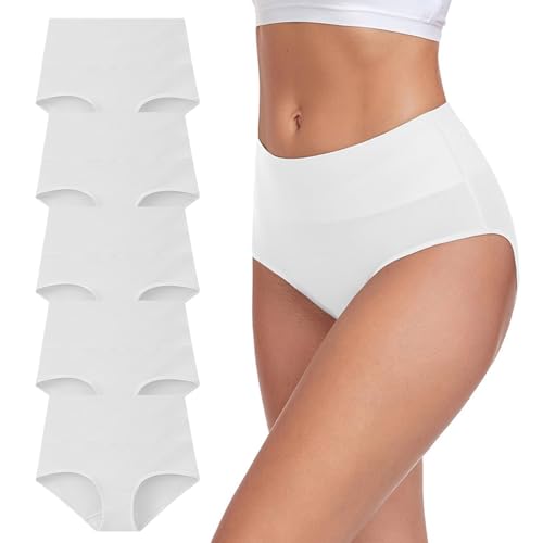 5 Pack Cotton Panties for Women High Waisted Full Coverage Invisible Brief Breathable Seamless Soft Moisture Wicking Ladies Underwear Comfortable No Show Stretch Teen Girl Undies White X-Small