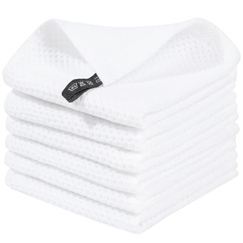 Homaxy 100% Cotton Waffle Weave Kitchen Dish Cloths, Ultra Soft Absorbent Quick Drying Dish Towels, 12 x 12 Inches, 6-Pack, White
