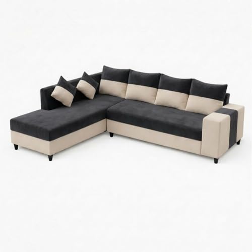 Image of FURNY Sebian Velvet-Suede Fabric 6 Seater LHS Sofa Set (Dark Gray - Cream) | Comfortable & Spacious Seating | Modern Sofa Set for Living Room | Plush Comfort Cushions