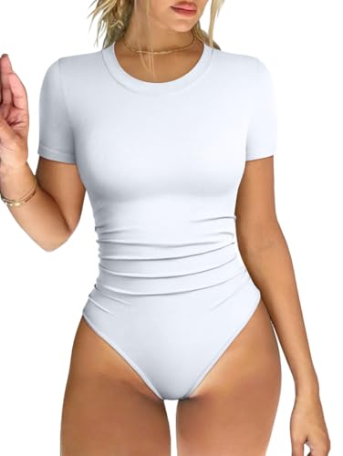 Image of OQQ Women's Crew Neck Short Sleeve Bodysuit Ruched Stretch Vacation Basic for Tops Spring & Summer