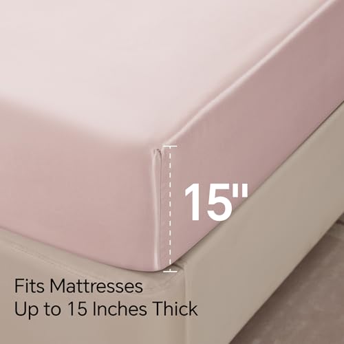BEDELITE Satin Fitted Sheet and Pillowcase Set, Luxury Soft Similar to Silk Bottom Bedsheet with Elastic Corner Straps, Deep Pocket up to 15 Inch, 1 Fitted Sheet and 1 Pillowcase(Twin, Pink)