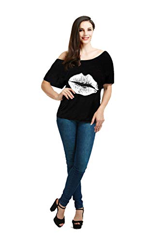MAGICMK Women Casual Plus Size Sexy Lips Print Off Shoulder T-Shirt Tops