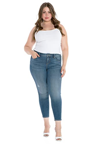 Slink - Premium Women's Plus Size Stretch Skinny Jeans (Mid Blue with Destruction)