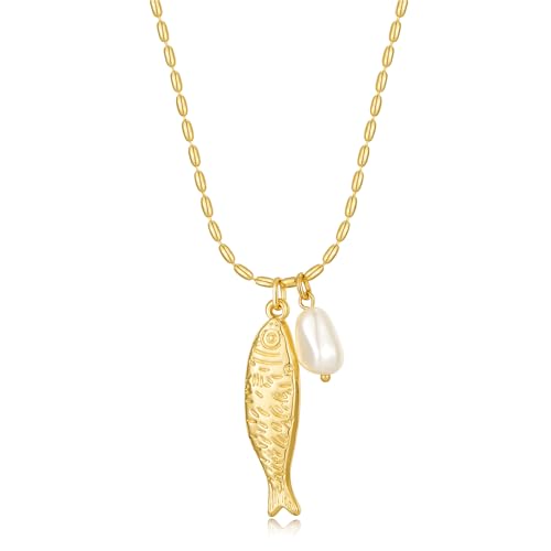 SHANTYSON Fish Pendant Necklace for Women 14k Gold Plated Ball Chain Bohemian Pearl Fish Charm Pendant Necklace for Beach Summer (pearl fish)