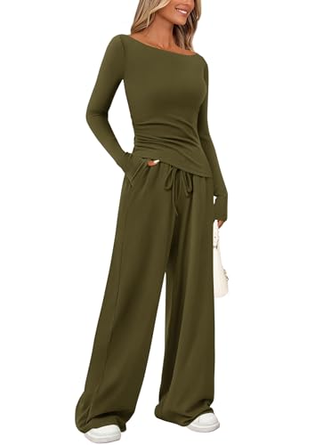 PRETTYGARDEN Women's 2 Piece Lounge Sets Asymmetrical Long Sleeve T Shirt Wide Leg Pants Casual Outfits Tracksuit (Army Green,Small)