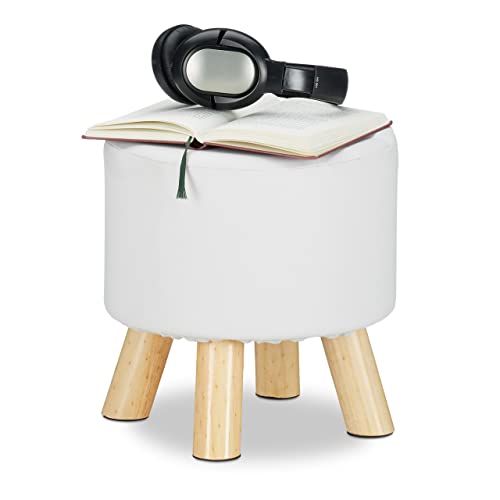 Relaxdays Taburete Bajo de Cuero Sintético con 4 Patas, DM, Madera de Pino y Poliéster, Blanco, 30 x 31 cm
