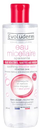EVOLUDERM - Eau Micellaire Démaquillante Peaux Réactives, Sujettes Aux Rougeurs - 250 ml - 93% d'origine naturelle - Vegan - Fabrication Française