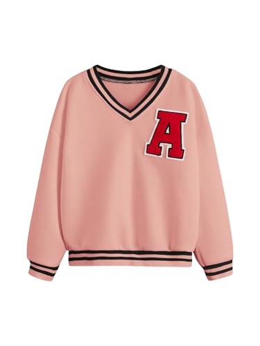 OYOANGLE Girl's Letter Patched Stripe V Neck Pullover Shirt Top Colorblock Drop Shoulder Long Sleeve Sweatshirts