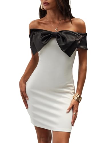 Image of Floerns Women's Off Shoulder Short Sleeve Mini Dress Bow Front Bodycon Dresses