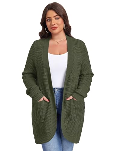 Image of LARACE Long Cardigans for Women Plus Size Tops Open Front Sweaters with Pockets Waffle Ribbed Sleeve Loose Fall Outwear