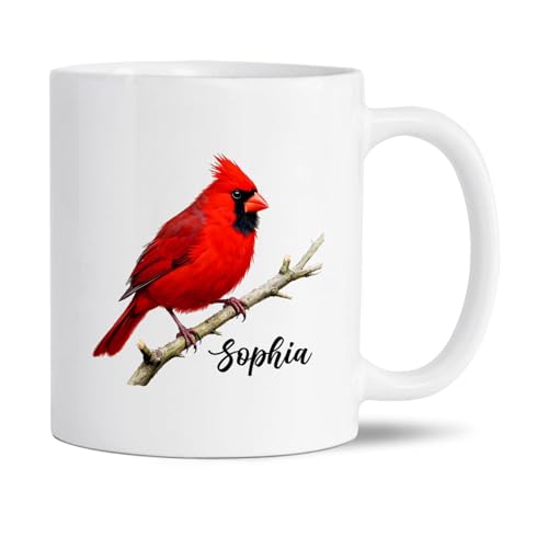Personalized Cardinal Bird Coffee Mug With Name, Red Cardinal Mug Gifts For Bird Lovers Family Friends, Custom Cardinals Memorial Ceramic Cup, Unique Birds Themed Cups, Red Birds White Mugs 11Oz 15Oz