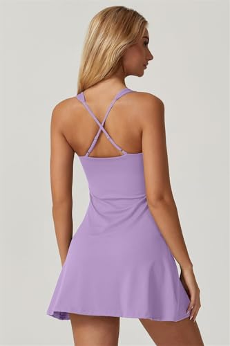 LLECDASEUI Square Neck Tennis Dress for Women Sleeveless Stretchy Golf Sporty Mini Dresses Sexy Exercise Dresses with Built-in Shorts, purple, L - Image 2