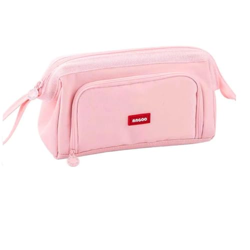 Estojo Escolar Feminino Grande Organizador Box Nécessaire Compartimentos Lona Oxford Impermeável Divisórias Alça Zíper Cor Rosa Verde Preto Lápis Caneta Professor Liso Espaçoso Resistente (Rosa)