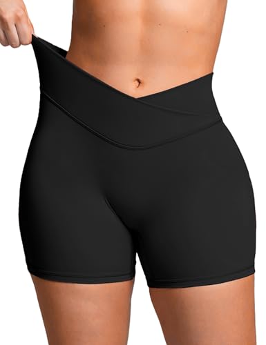 Sogetdo Women's Booty V Cross Spandex Yoga Biker Shorts No Front Seam High Waisted Butt Lifting Athletic Gym Workout Shorts