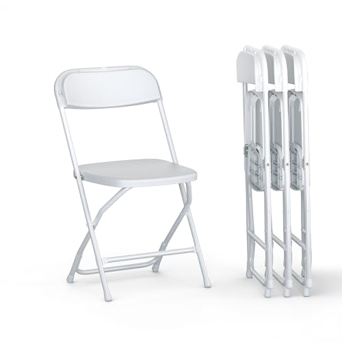 4 PACK White Foldable Plastic Chair | Folding & Stackable | 350 lbs Capacity Steel Frame Seats for Indoor Outdoor | Commercial Use Events Wedding Party Events Bulk Picnic Kitchen Dining