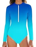 Girls Swimsuit 8-10 Girls One Piece Swimsuits Ocean Gradient Blue Zipper Girl Rash Guard Swimwear Kids Girl Long Sleeve Bathing Suit UPF50+ Sun Protection Swim Suits