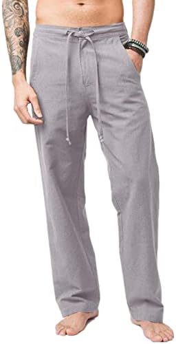 Lexiart Men's Linen Cotton Yoga Pants Slim Fit Lightweight Casual Pants Drawstring Athletic Workout Trousers Beach Pants Grey