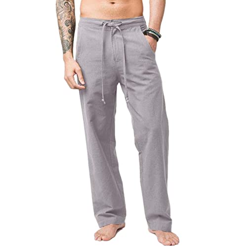 Lexiart Men's Linen Cotton Yoga Pants Slim Fit Lightweight Casual Pants Drawstring Athletic Workout Trousers Beach Pants Grey #TOP4
