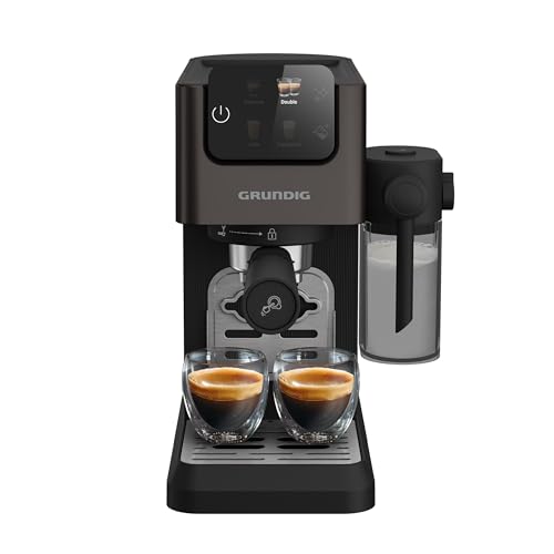 Grundig KSM 6430 Siebträgermaschine mit integriertem Milchbehälter, 1628 W Leistung, 20 bar Pumpendruck, Zweifachdüse, farbiges Touch-Display, BrewSense, CreamyPro, Dark Inox/Schwarz