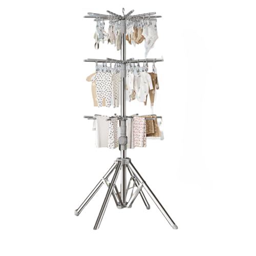 Vifxucy 折りたたみ物干しラック 三脚物干しラック パラソル型 室内物干しラック 折り畳み式 大勢で干せる コンパクト 省スペース 高さ調節可能 安定した正方形 伸縮式 家庭用タオル干しラック バルコニー物干しラック (ホワイト,三層+防風バックル)