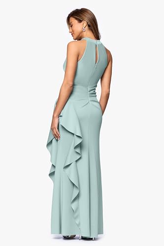 Image of Xscape Evenings Women's Long, Bodycon Low-Sheen Cross Front Halter Neck Evening Dress with Ruching & Ruffle Detail